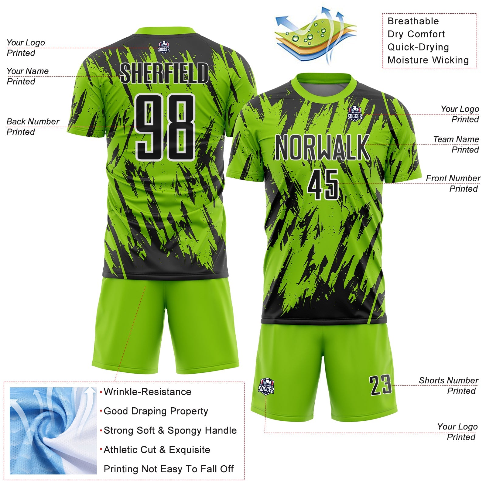 Custom Neon Green Black-White Splatter Torn Sharp Brush Stroke Sublimation Soccer Uniform Jersey