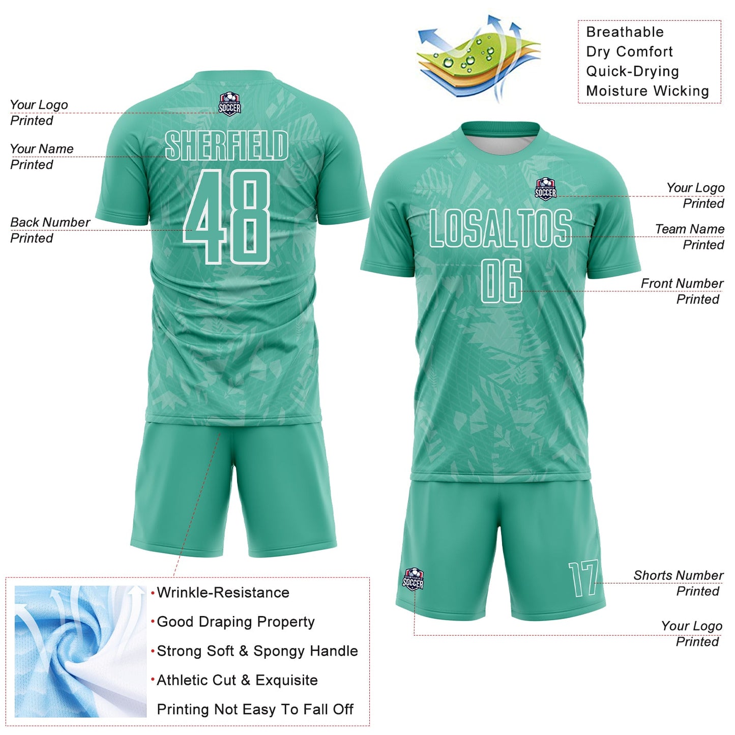 Custom Ice Blue White Brasil Geometric Tropical Rainforest Sublimation Soccer Uniform Jersey