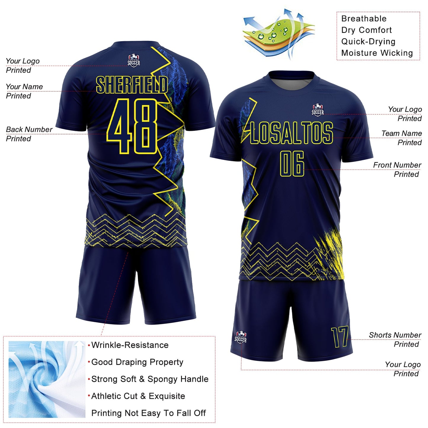 Custom Blue Light Yellow Brasil Zigzag Tropical Palm Leaves Sublimation Soccer Uniform Jersey