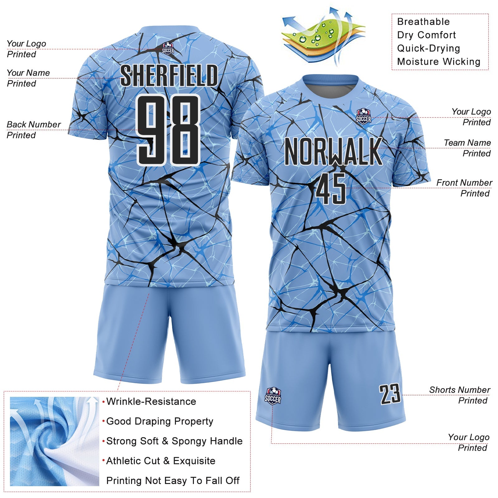 Custom Light Blue Black-White Abstract Network Crackle Sublimation Soccer Uniform Jersey