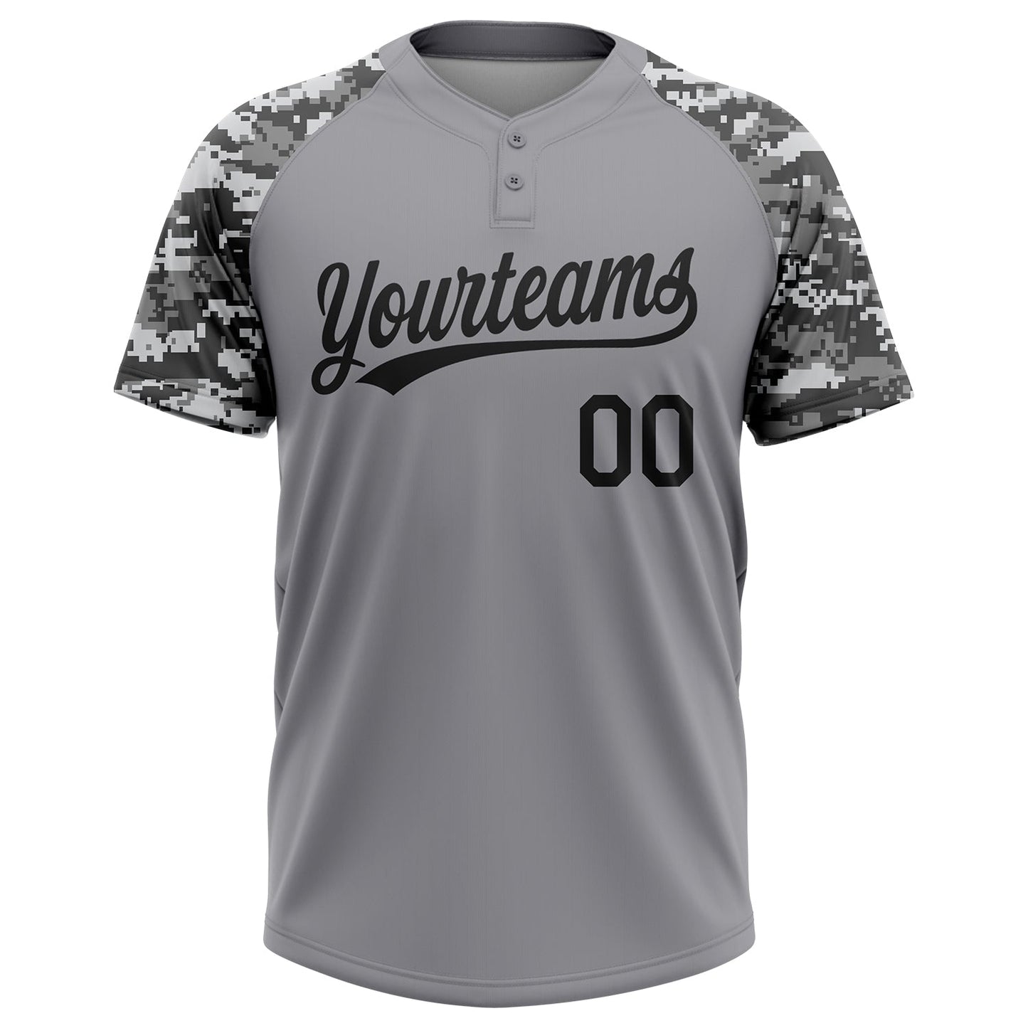 Custom Gray Black Camo Raglan Sleeves Two-Button Unisex Softball Jersey