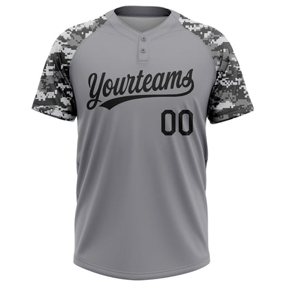 Custom Gray Black Camo Raglan Sleeves Two-Button Unisex Softball Jersey