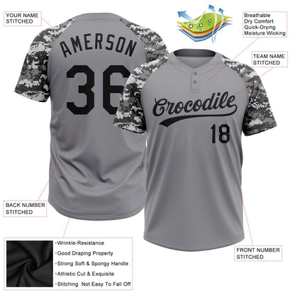 Custom Gray Black Camo Raglan Sleeves Two-Button Unisex Softball Jersey