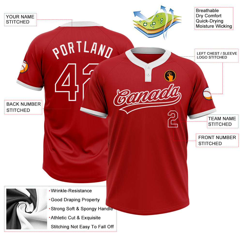 Custom Red Red-White Two-Button Unisex Softball Jersey