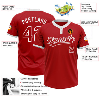 Custom Red Red-White Two-Button Unisex Softball Jersey