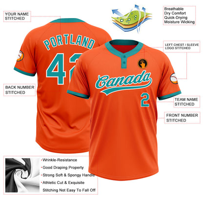 Custom Orange Teal-White Two-Button Unisex Softball Jersey