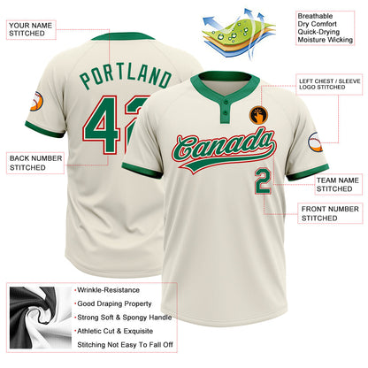 Custom Cream Kelly Green-Red Two-Button Unisex Softball Jersey