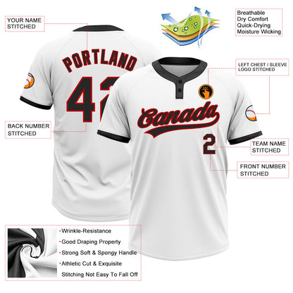 Custom White Black-Red Two-Button Unisex Softball Jersey