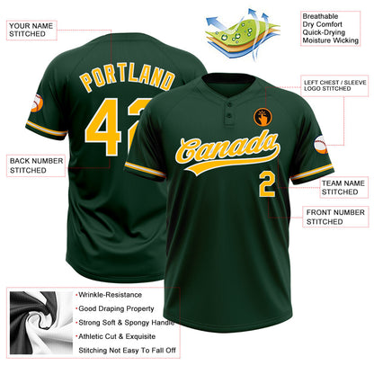 Custom Green Gold-White Two-Button Unisex Softball Jersey