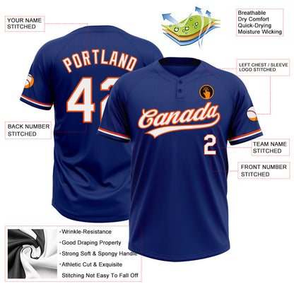 Custom Royal White-Orange Two-Button Unisex Softball Jersey