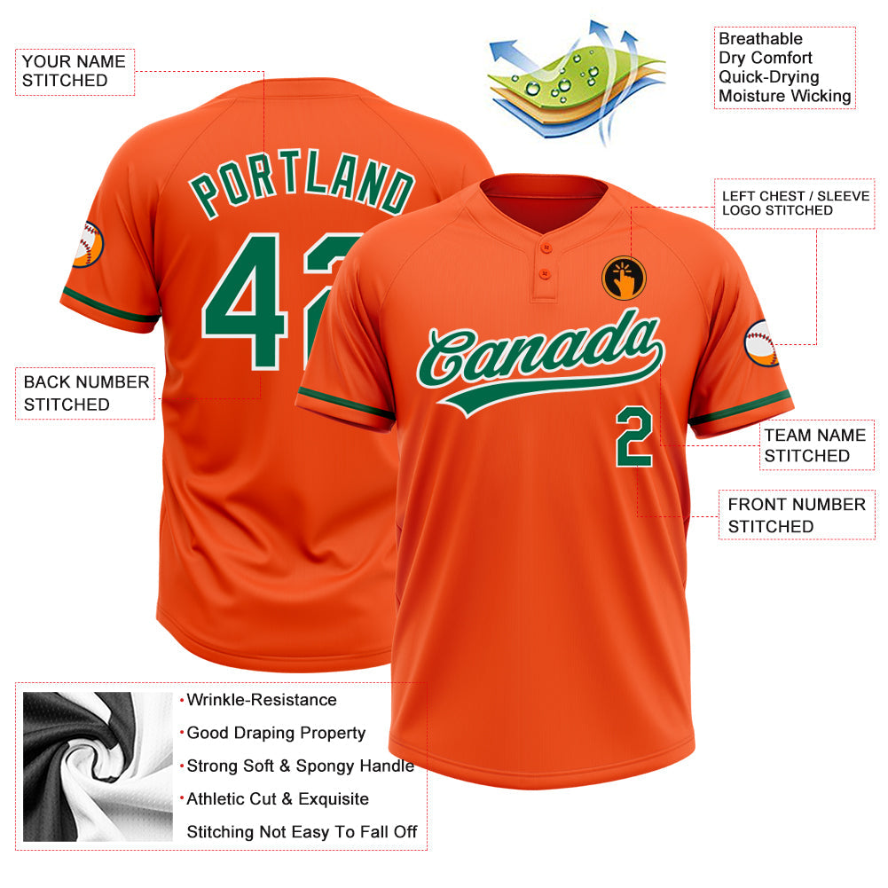 Custom Orange Kelly Green-White Two-Button Unisex Softball Jersey