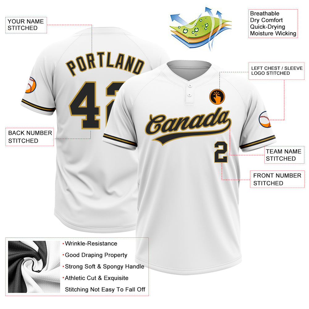 Custom White Black-Old Gold Two-Button Unisex Softball Jersey