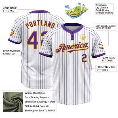 Custom White Purple Pinstripe Gold Two-Button Unisex Softball Jersey