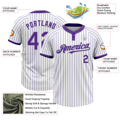 Custom White Purple Pinstripe Gray Two-Button Unisex Softball Jersey