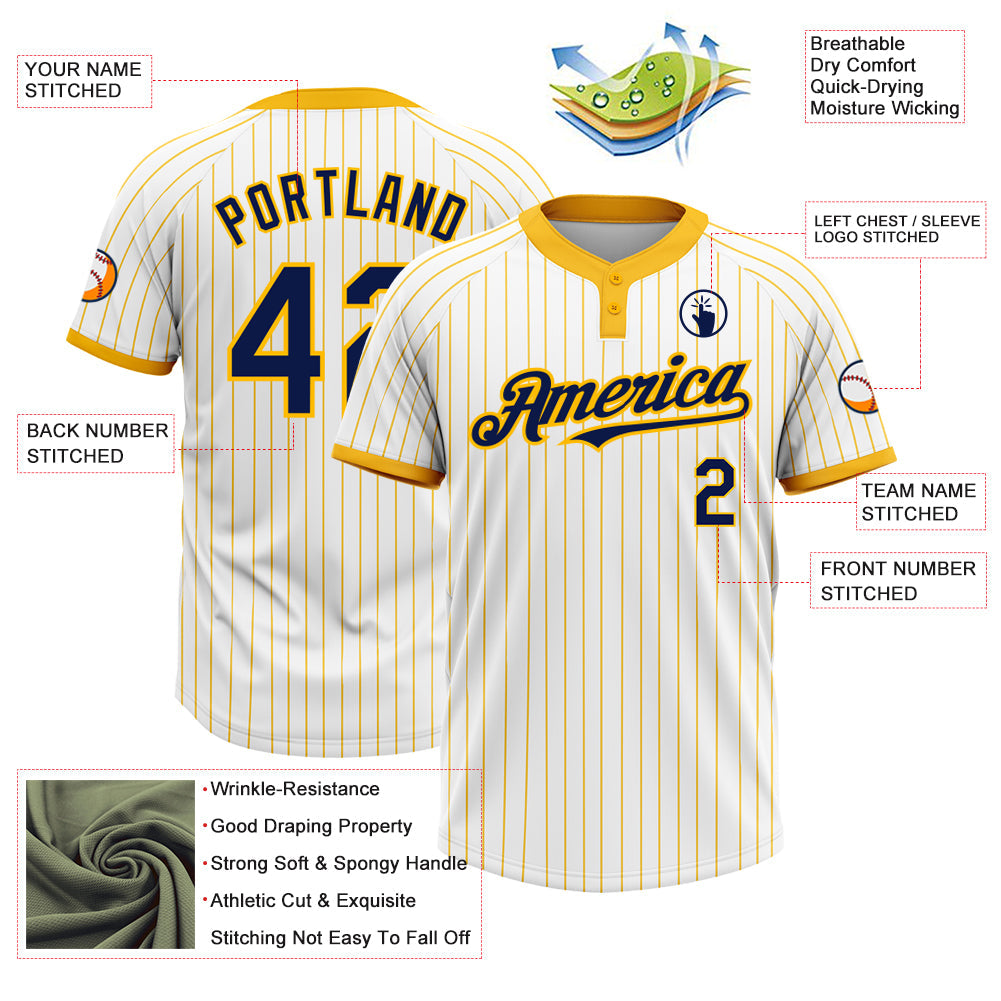 Custom White Gold Pinstripe Navy Two-Button Unisex Softball Jersey
