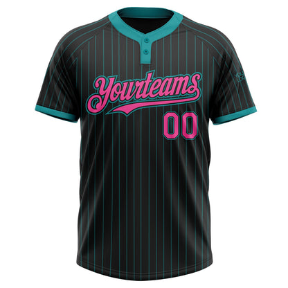 Custom Black Teal Pinstripe Pink Two-Button Unisex Softball Jersey