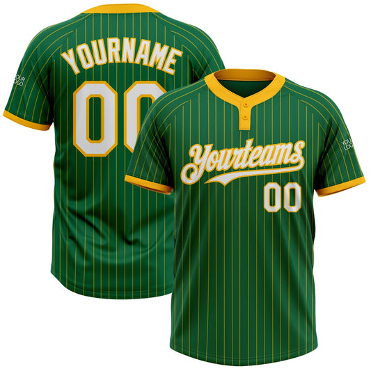 Custom Kelly Green Gold Pinstripe White Two-Button Unisex Softball Jersey