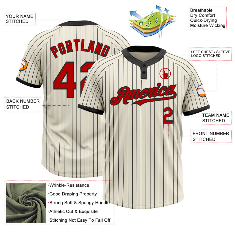 Custom Cream Black Pinstripe Red Two-Button Unisex Softball Jersey