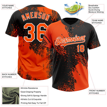 Custom Orange Black-White 3D Pattern Abstract Brush Stroke Two-Button Unisex Softball Jersey