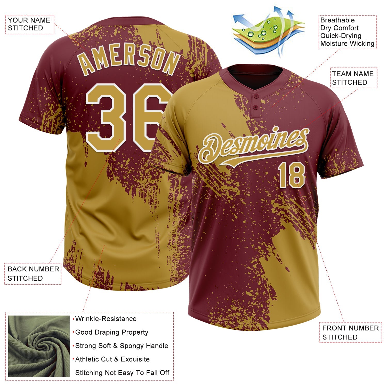 Custom Old Gold Burgundy-White 3D Pattern Abstract Brush Stroke Two-Button Unisex Softball Jersey