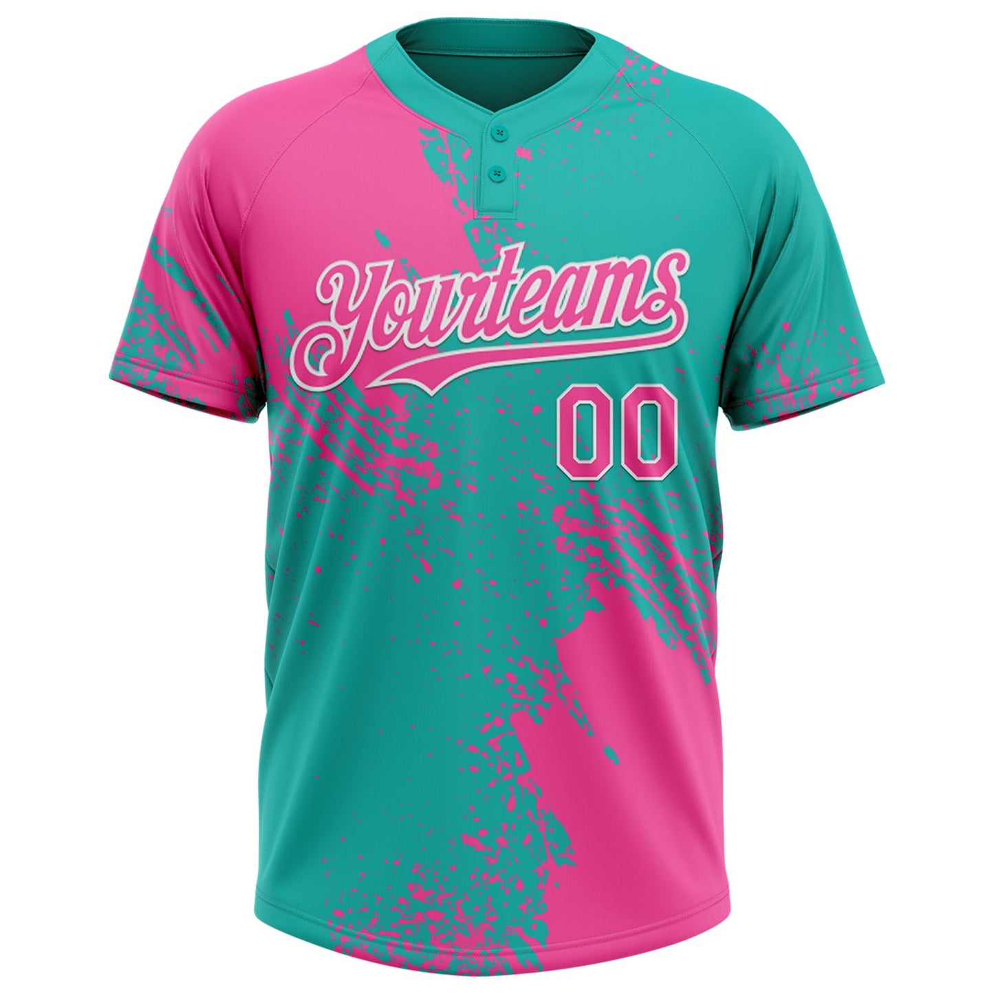 Custom Pink Aqua-White 3D Pattern Abstract Brush Stroke Two-Button Unisex Softball Jersey