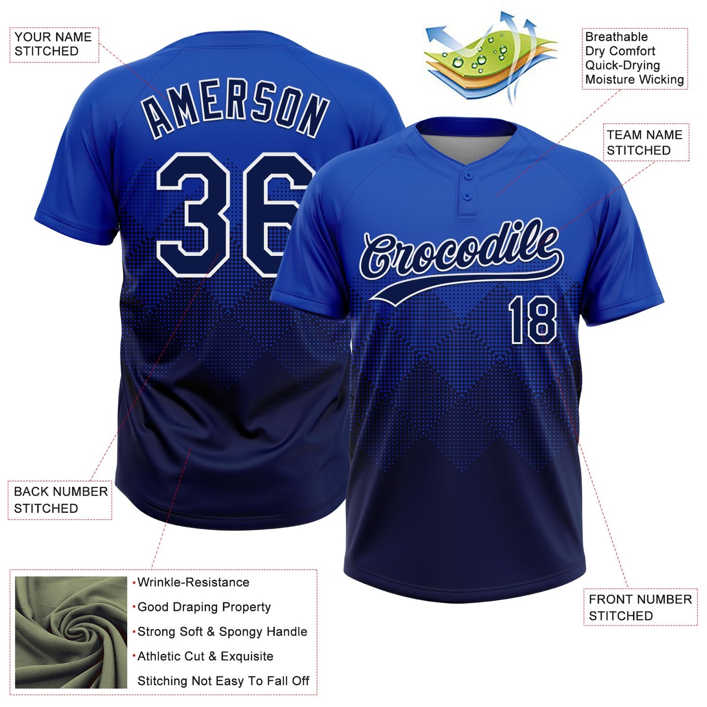 Custom Thunder Blue Navy-White 3D Gradient Square Shape Two-Button Unisex Softball Jersey
