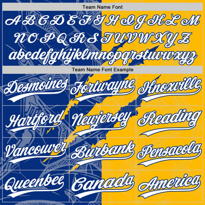 Custom Graffiti Pattern White Gold-Royal 3D Scratch Two-Button Unisex Softball Jersey
