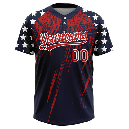 Custom Navy Red-White Distressed Scratch Brush Stroke Star Raglan Sleeves Two-Button Unisex Softball Jersey