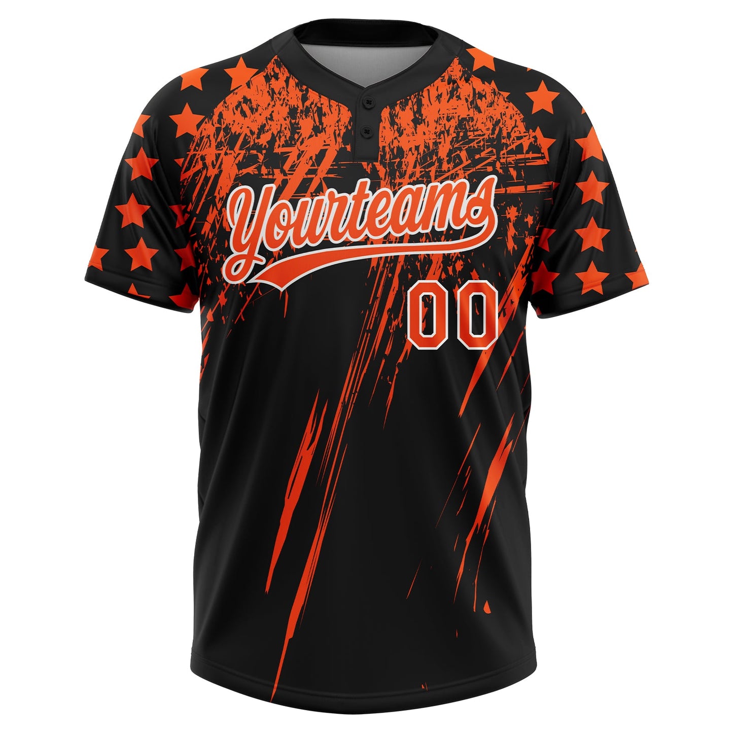 Custom Black Orange-White Distressed Scratch Brush Stroke Star Raglan Sleeves Two-Button Unisex Softball Jersey