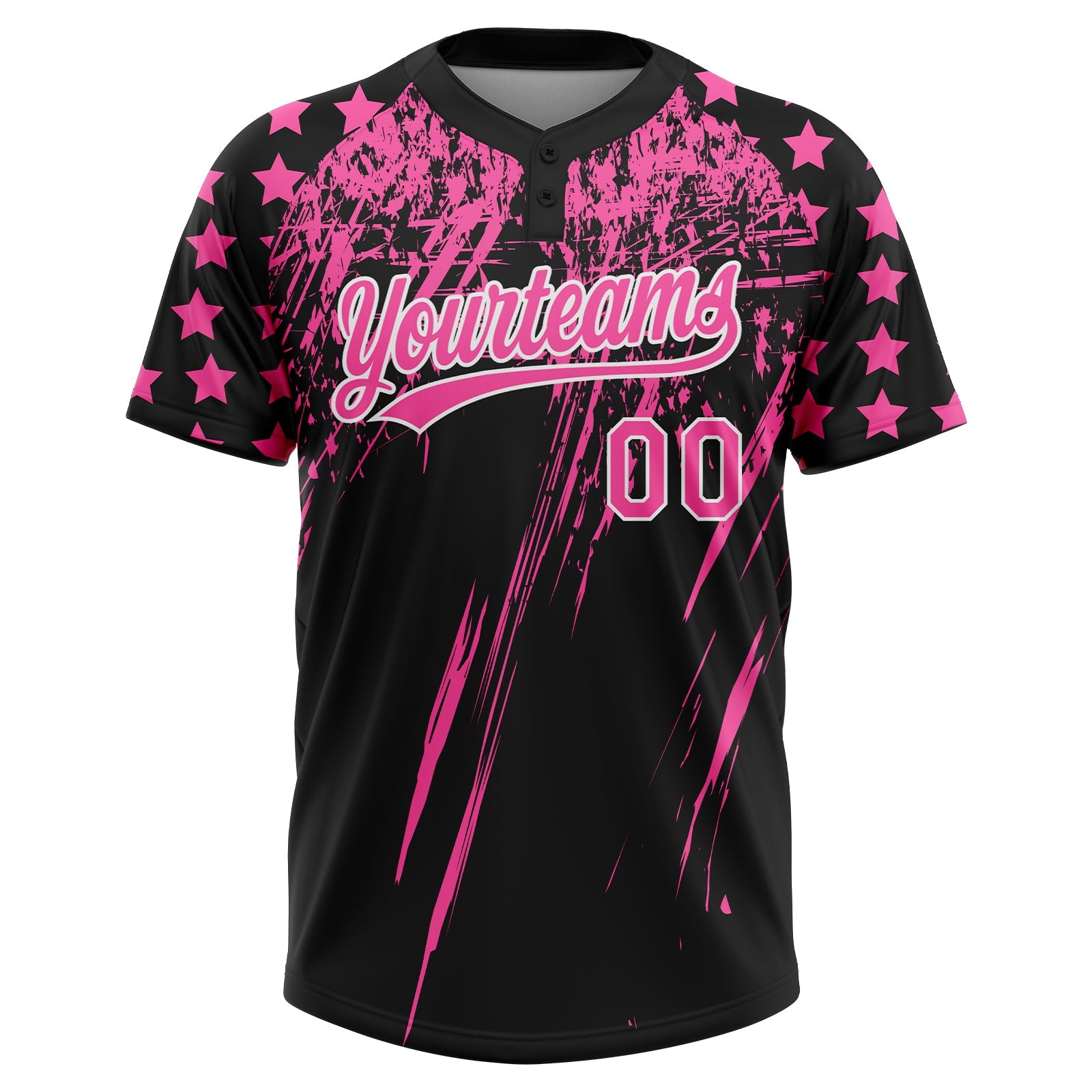 Custom Black Pink-White Distressed Scratch Brush Stroke Star Raglan Sleeves Two-Button Unisex Softball Jersey