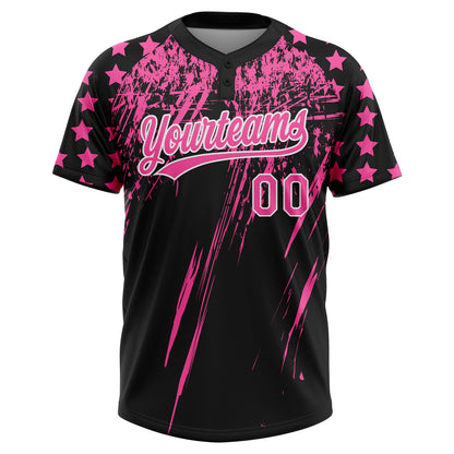 Custom Black Pink-White Distressed Scratch Brush Stroke Star Raglan Sleeves Two-Button Unisex Softball Jersey