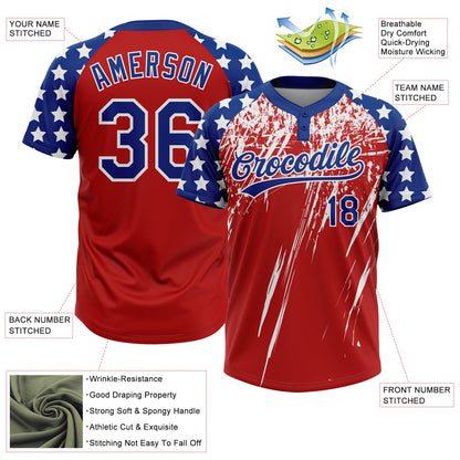 Custom Red Royal-White Distressed Scratch Brush Stroke Star Raglan Sleeves Two-Button Unisex Softball Jersey