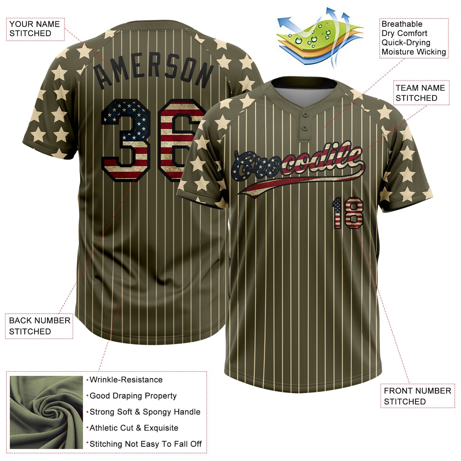 Custom Olive Cream Pinstripe Vintage USA Flag-Black Salute To Service Star Raglan Sleeves Two-Button Unisex Softball Jersey