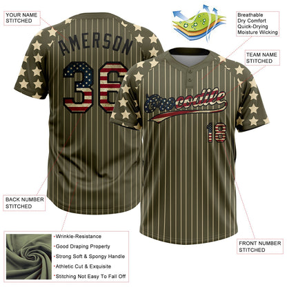 Custom Olive Cream Pinstripe Vintage USA Flag-Black Salute To Service Star Raglan Sleeves Two-Button Unisex Softball Jersey