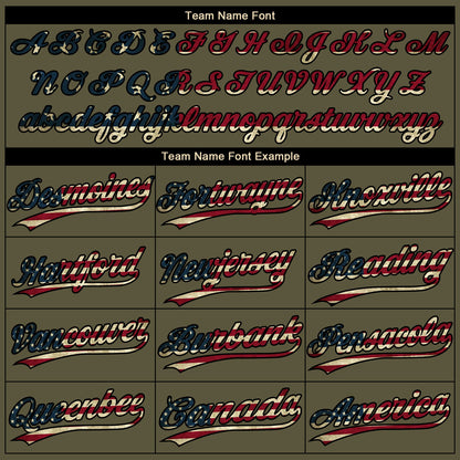 Custom Olive Black Pinstripe Vintage USA Flag Salute To Service Camo Raglan Sleeves Two-Button Unisex Softball Jersey