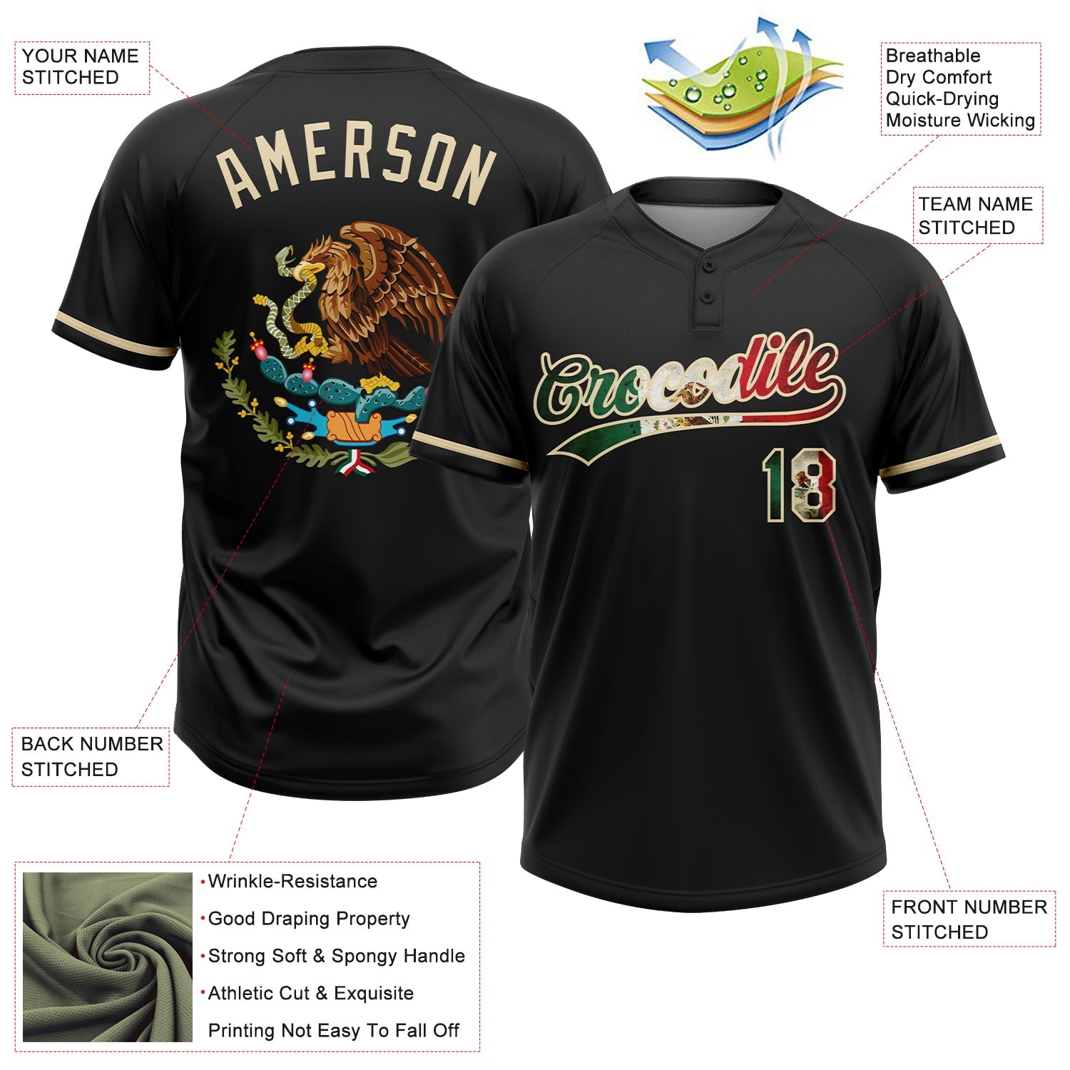 Custom Black Vintage Mexican Flag-Cream Mexico Two-Button Unisex Softball Jersey