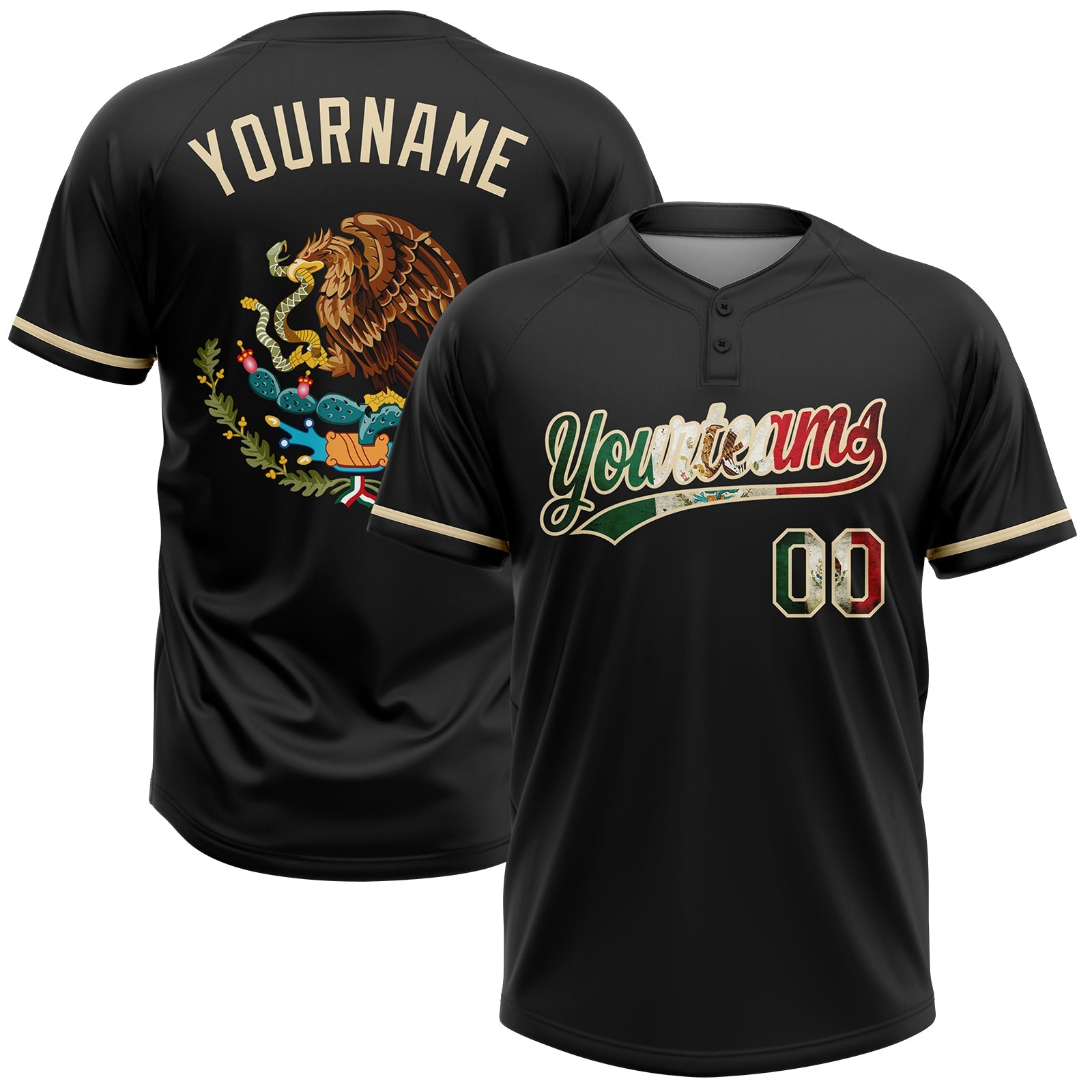 Custom Black Vintage Mexican Flag-Cream Mexico Two-Button Unisex Softball Jersey