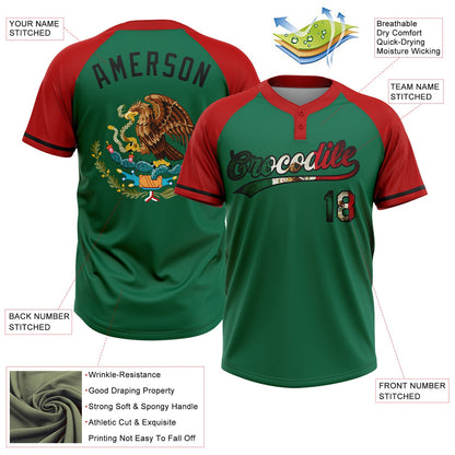 Custom Kelly Green Vintage Mexican Flag Red-Black Mexico Two-Button Unisex Softball Jersey