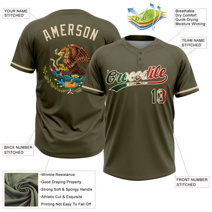 Custom Olive Vintage Mexican Flag-Cream Mexico Performance Salute To Service Two-Button Unisex Softball Jersey
