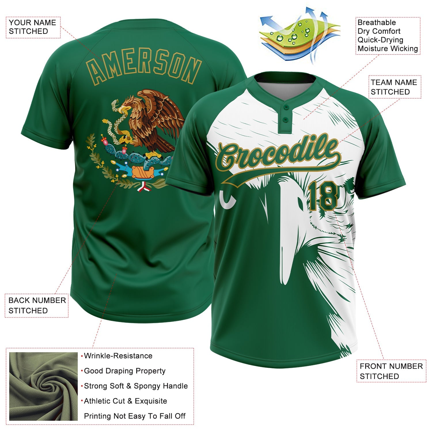Custom Kelly Green Old Gold-White Mexico Two-Button Unisex Softball Jersey
