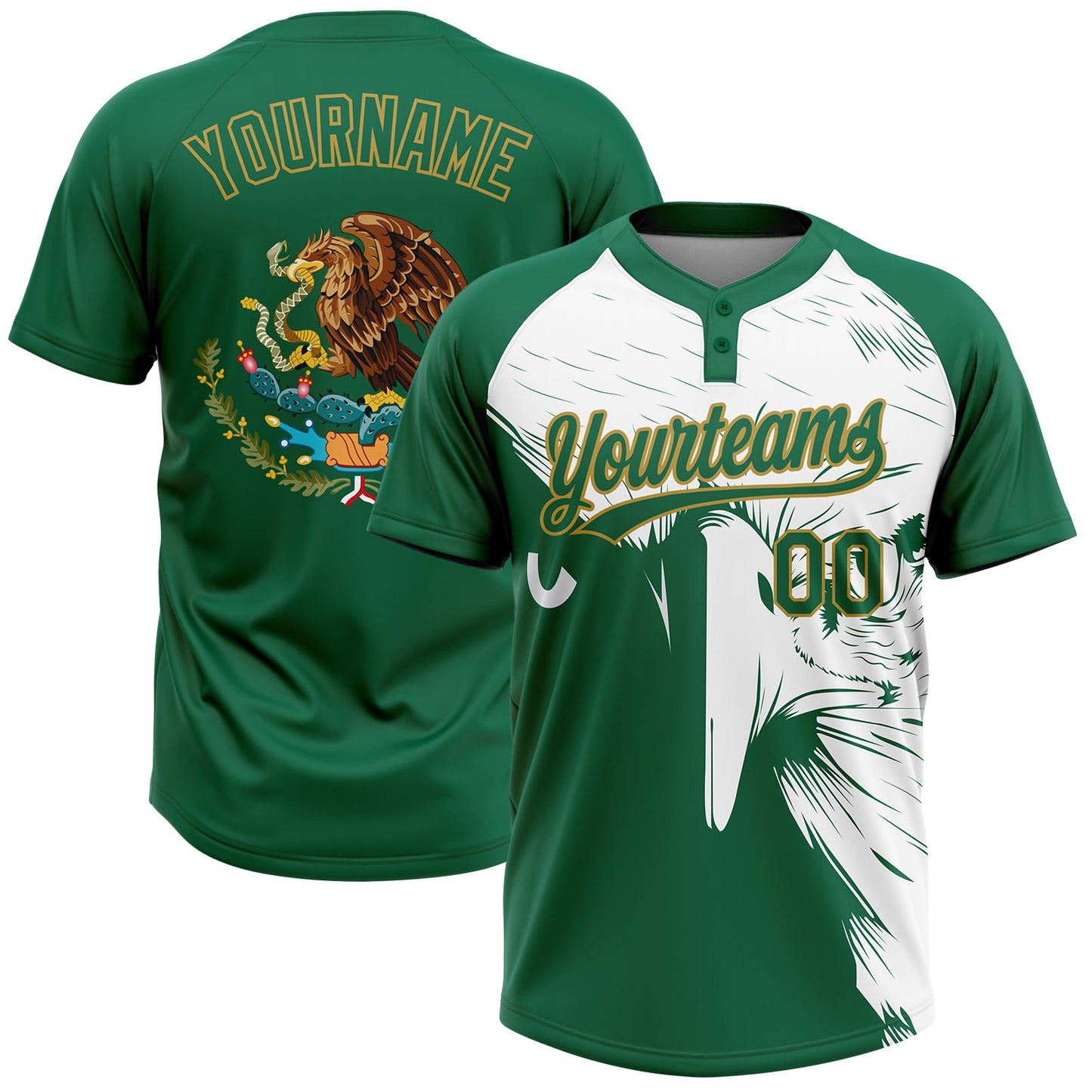 Custom Kelly Green Old Gold-White Mexico Two-Button Unisex Softball Jersey
