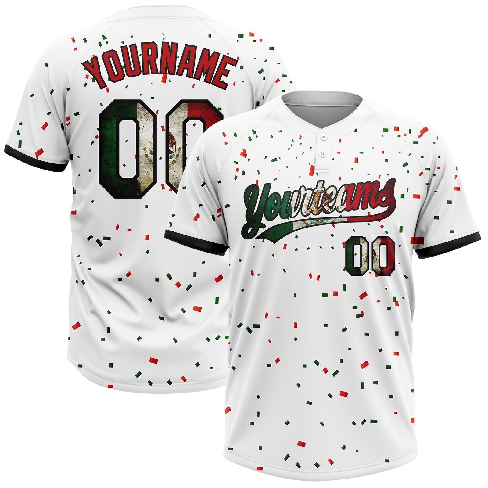 Custom White Vintage Mexican Flag Red-Black Mexico Two-Button Unisex Softball Jersey