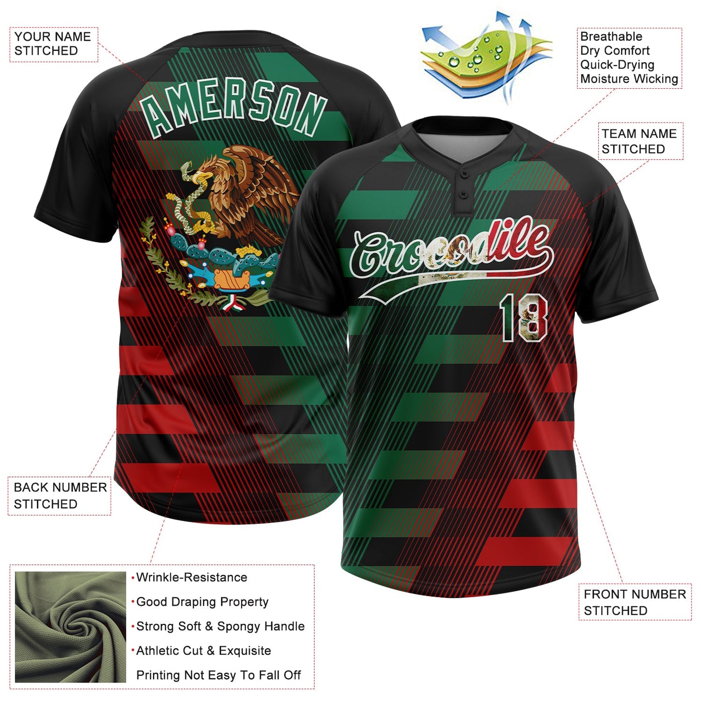 Custom Black Vintage Mexican Flag Kelly Green Red-White Mexico Two-Button Unisex Softball Jersey