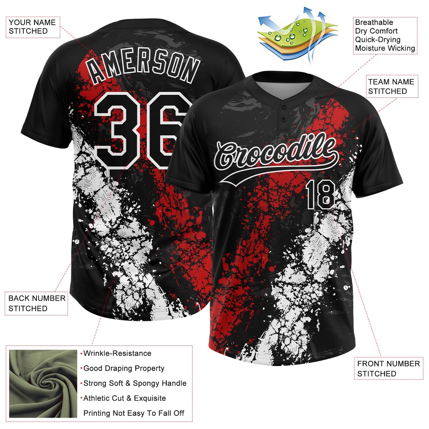 Custom Black Red-White Dripping Splatter Cracked Texture Two-Button Unisex Softball Jersey