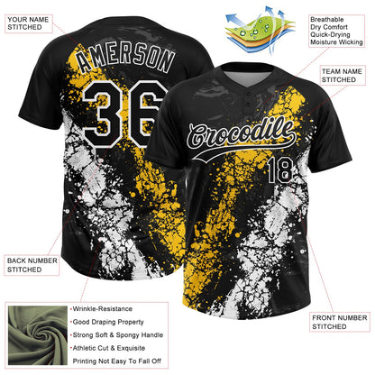 Custom Black Yellow-White Dripping Splatter Cracked Texture Two-Button Unisex Softball Jersey