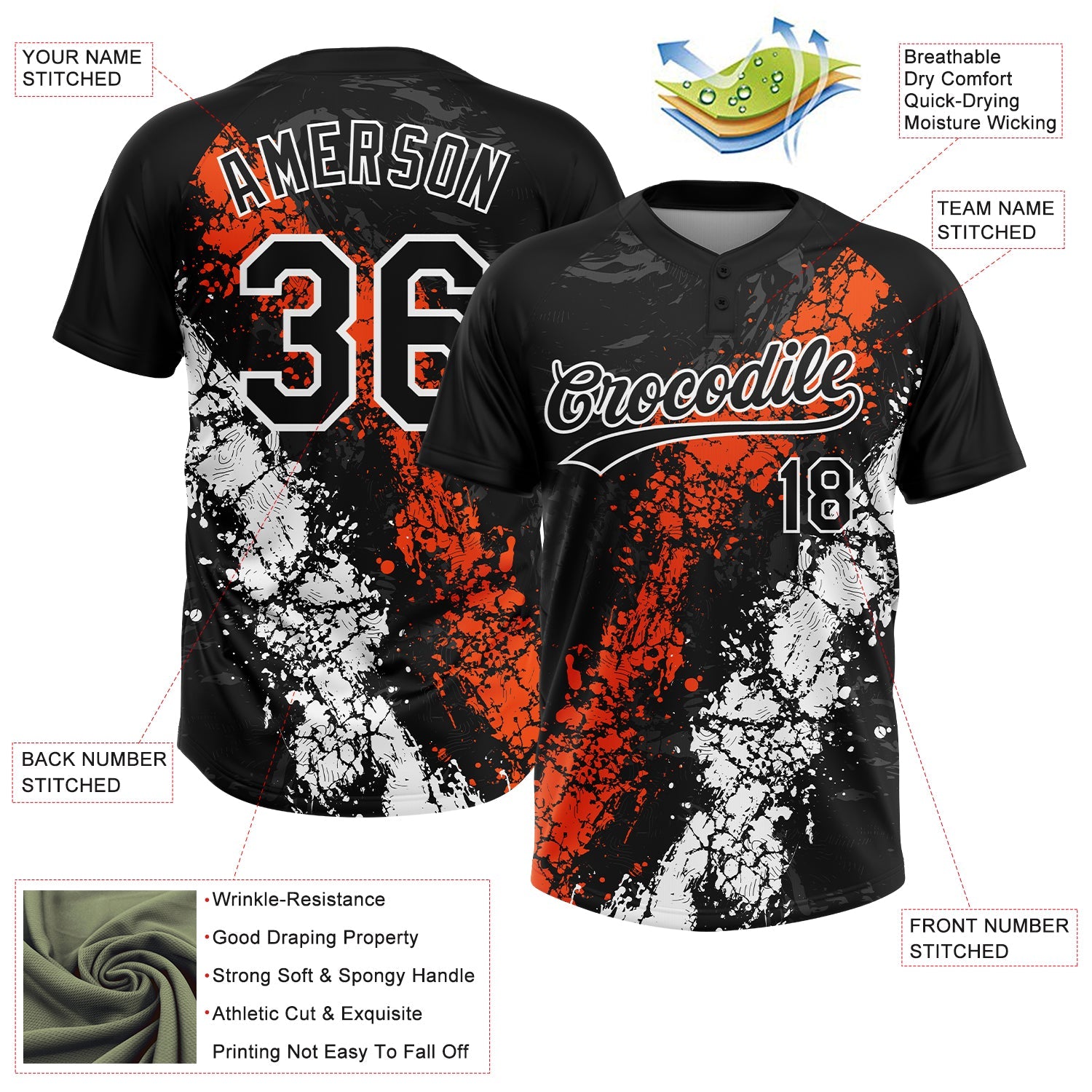 Custom Black Orange-White Dripping Splatter Cracked Texture Two-Button Unisex Softball Jersey