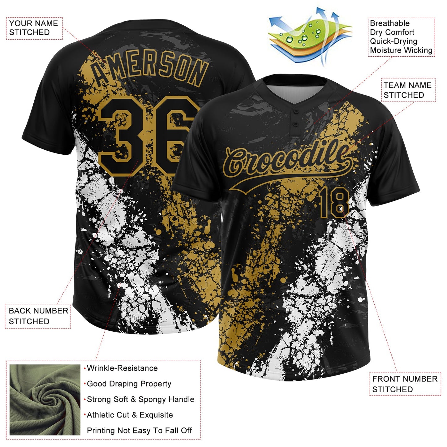 Custom Black Old Gold-White Dripping Splatter Cracked Texture Two-Button Unisex Softball Jersey