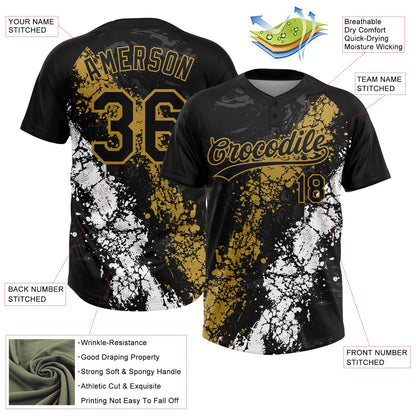 Custom Black Old Gold-White Dripping Splatter Cracked Texture Two-Button Unisex Softball Jersey