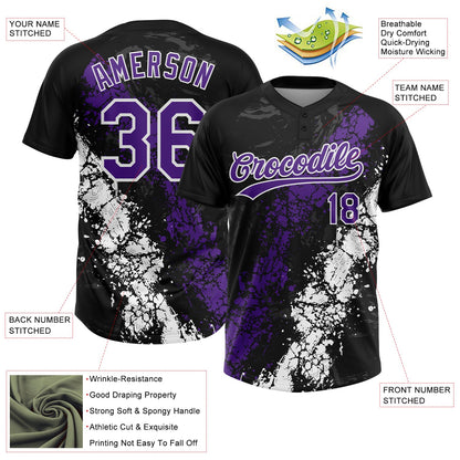 Custom Black Purple-White Dripping Splatter Cracked Texture Two-Button Unisex Softball Jersey