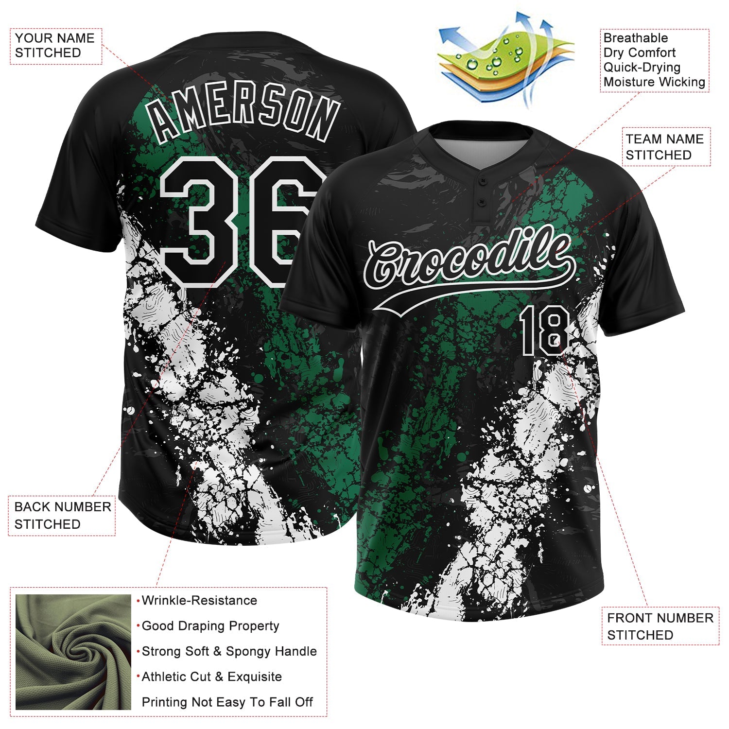 Custom Black Kelly Green-White Dripping Splatter Cracked Texture Two-Button Unisex Softball Jersey